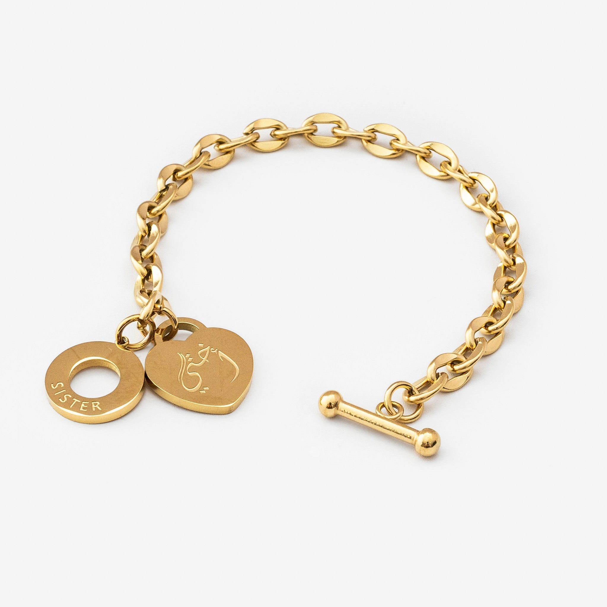 18k gold plated stainless steel sister love bracelet by Salaam Gallery, elegant and affordable jewelry