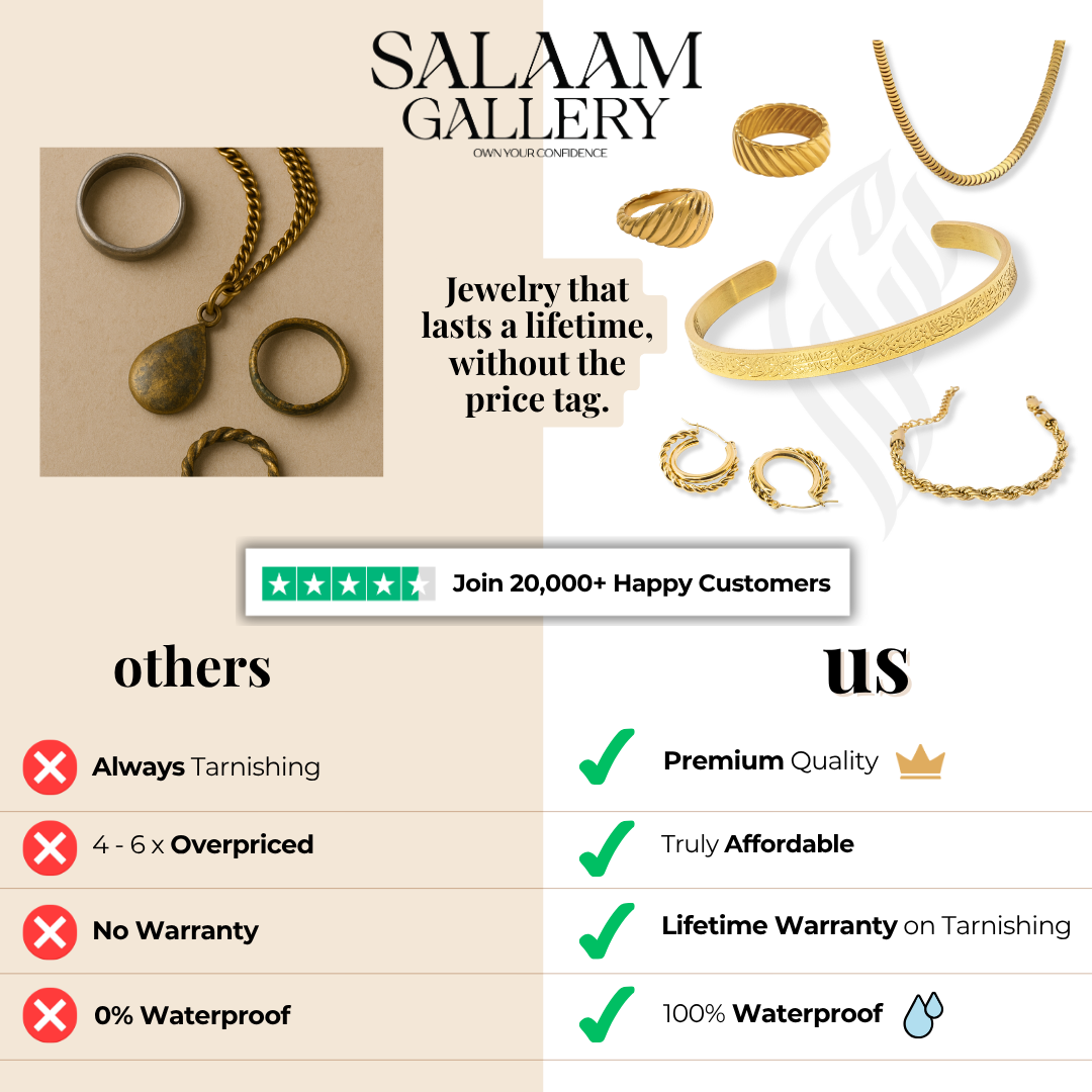 Advertisement for Salaam Gallery jewelry with gold rings and a bracelet, highlighting features like premium quality and lifetime warranty.