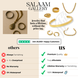Advertisement for Salaam Gallery jewelry with gold rings and a bracelet, highlighting features like premium quality and lifetime warranty.