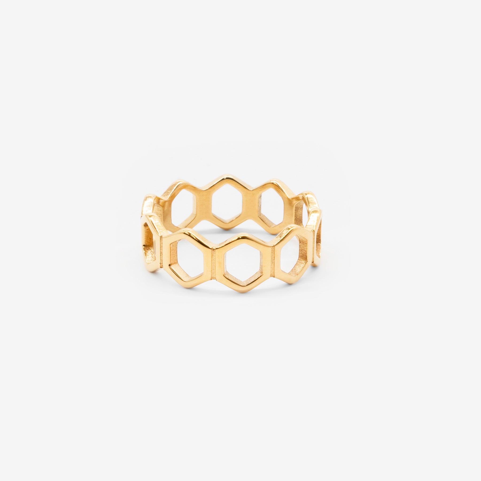 18k gold plated stainless steel honeycomb hex 2.0 ring by Salaam Gallery, elegant and affordable jewelry		