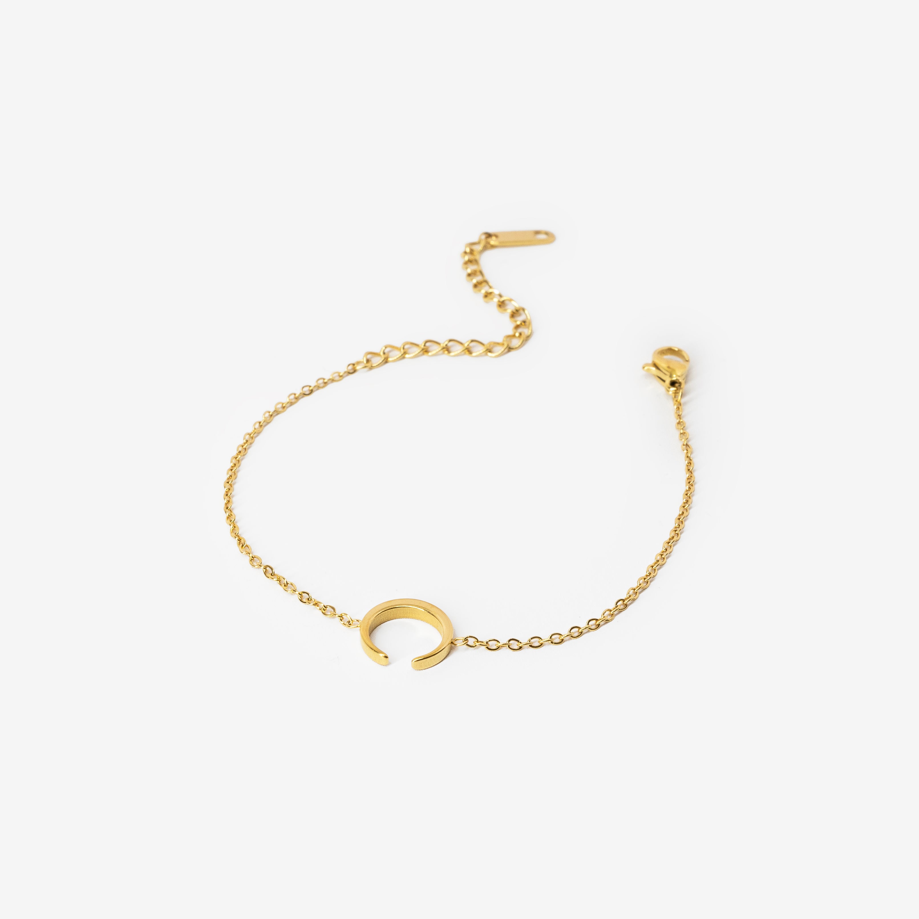 18k gold plated stainless steel minimal crescent bracelet by Salaam Gallery, elegant and affordable jewelry