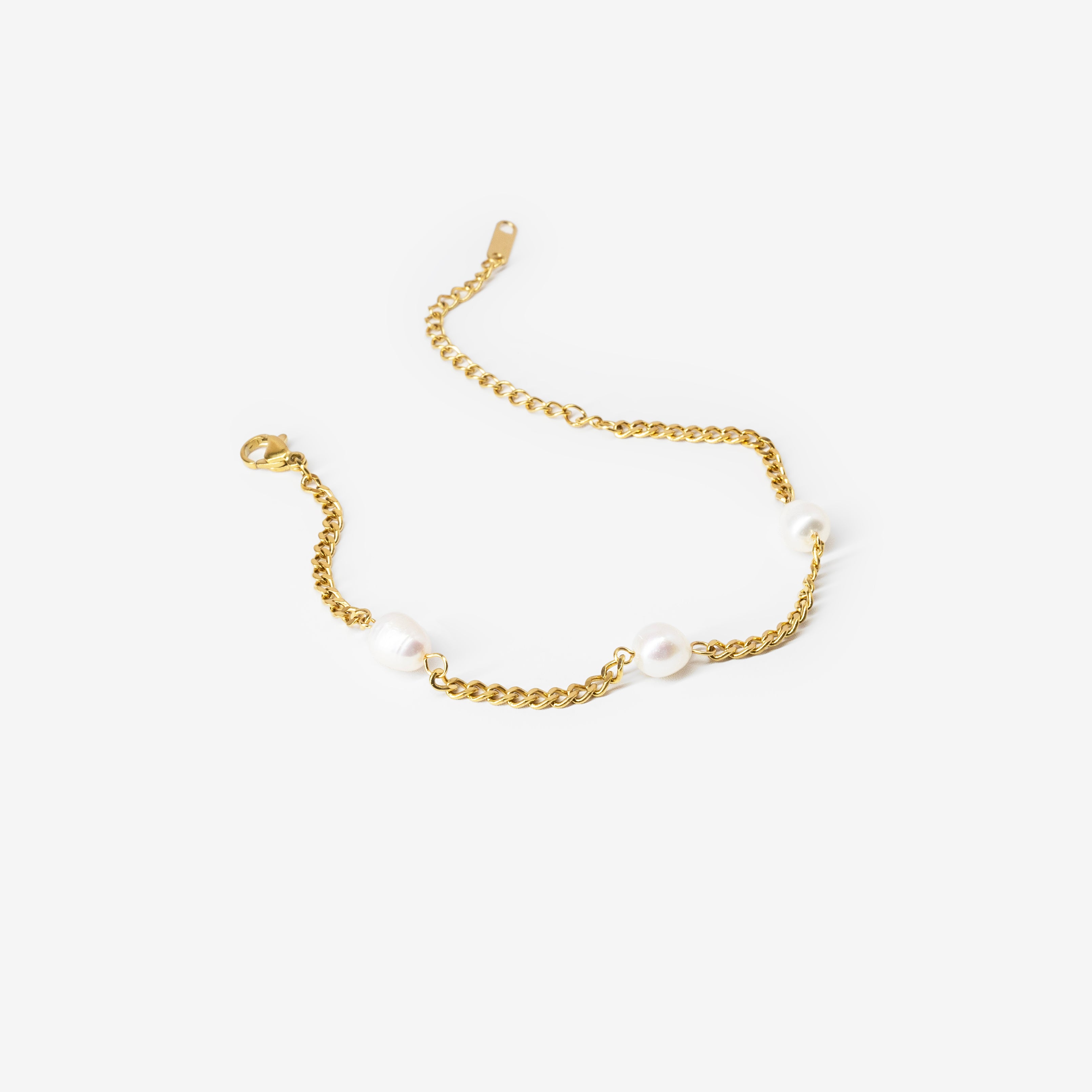 18k gold plated stainless steel minimal pearl bracelet by Salaam Gallery, elegant and affordable jewelry