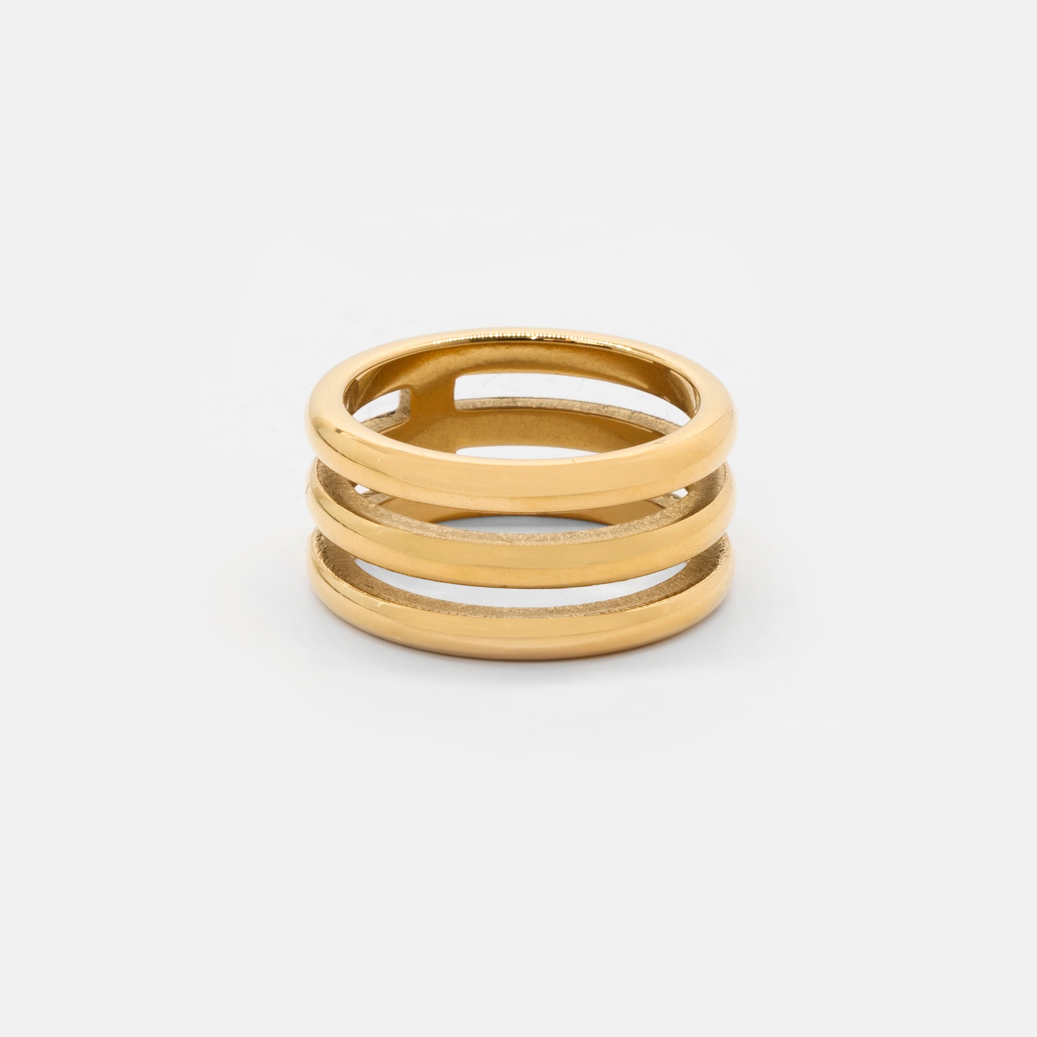 18k gold plated stainless steel tri x ring by Salaam Gallery, elegant and affordable jewelry