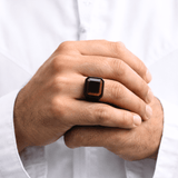 Onyx Flame Stone Ring side profile – modern black stainless steel statement ring