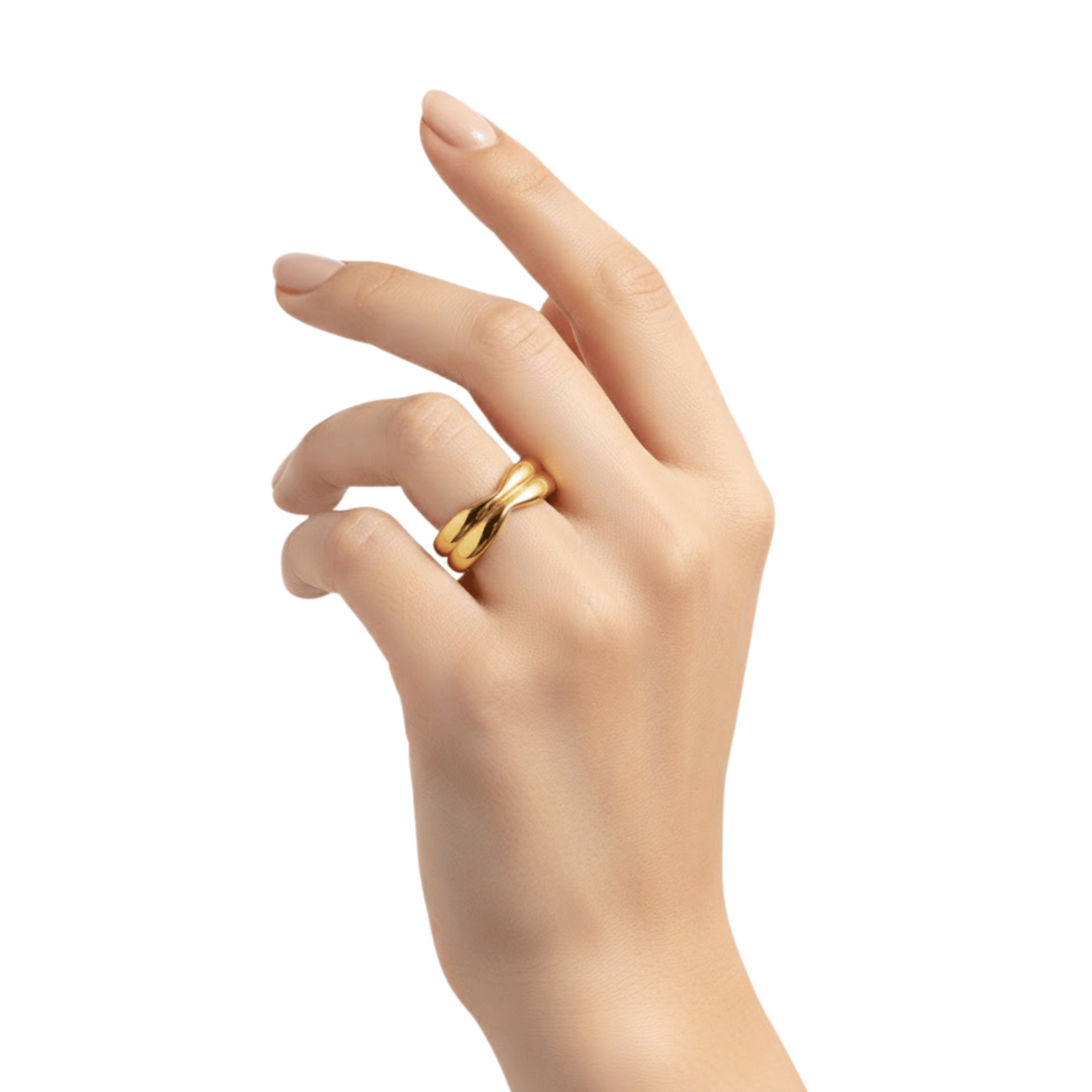 Amani Contour Ring worn on finger in 18K gold plated stainless steel with bold sculpted double band design