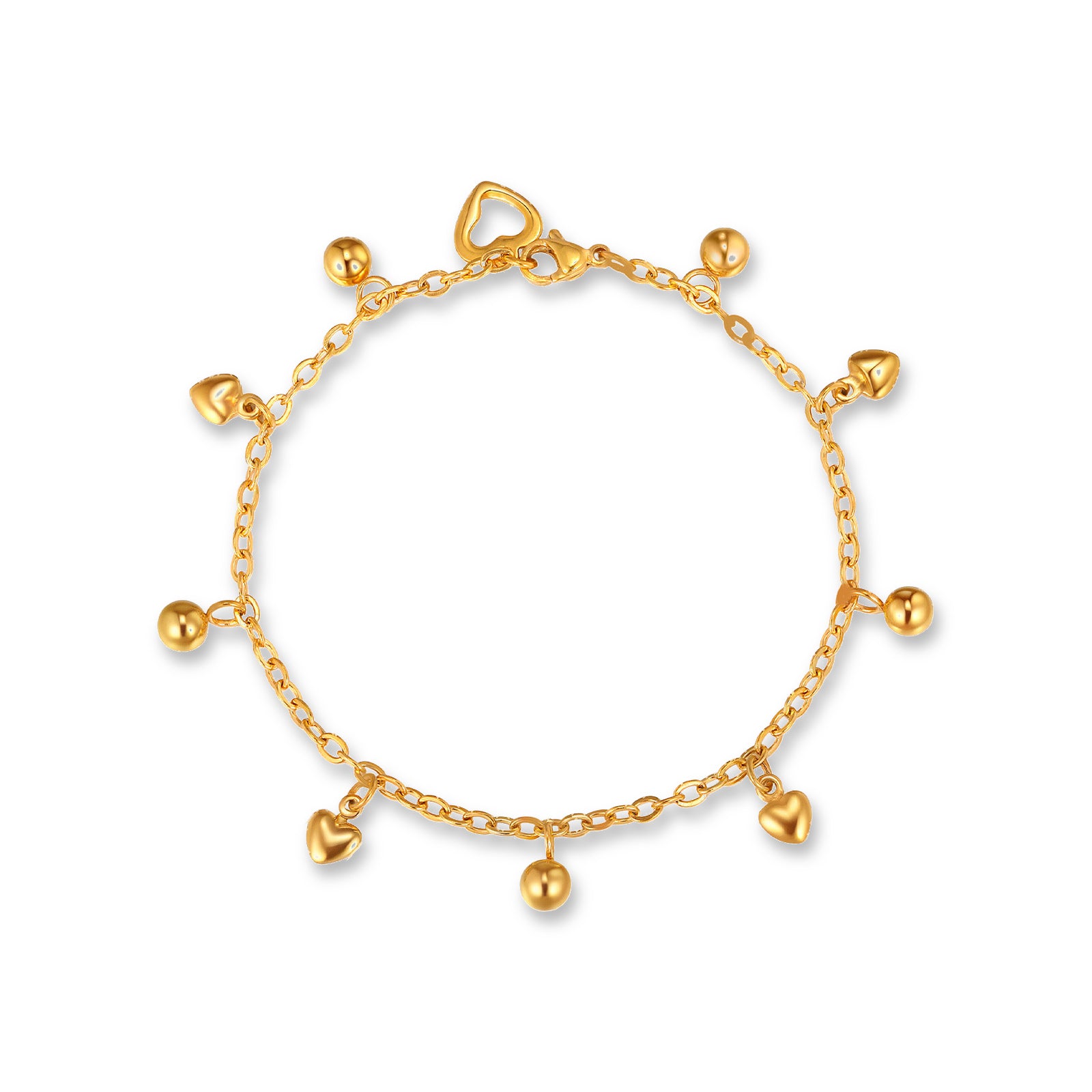 Amira Heart Charm Bracelet – 18K gold plated stainless steel, on a white background