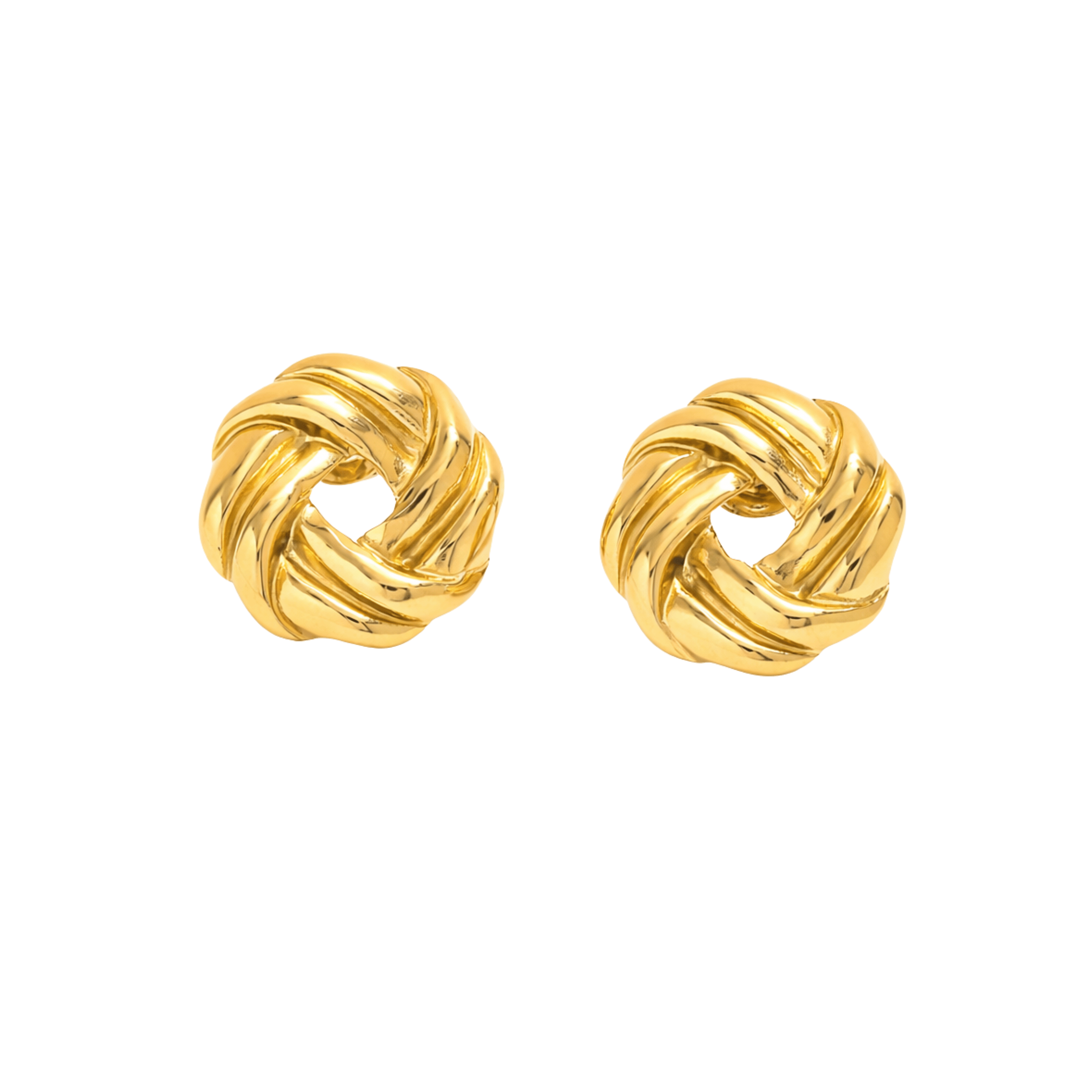 Aurelia Weave Studs in 18K gold plated stainless steel featuring a sculpted woven knot design on white background