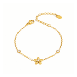 Bloom flower gold bracelet in 18K gold plated stainless steel with crystal accents on white background