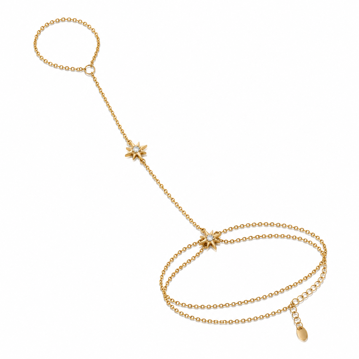 Celestial Star Gold Hand Chain with delicate star charms and crystal accents on a white background
