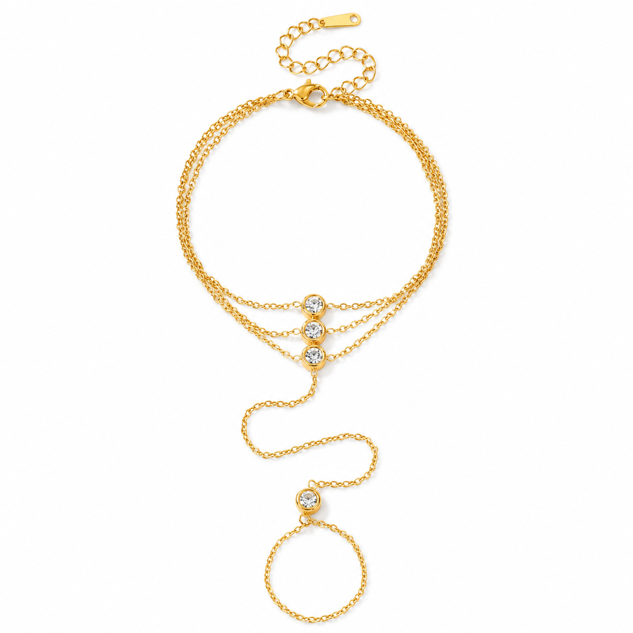 Crystal Cascade Gold Hand Chain with layered gold chains and round crystal accents on a white background