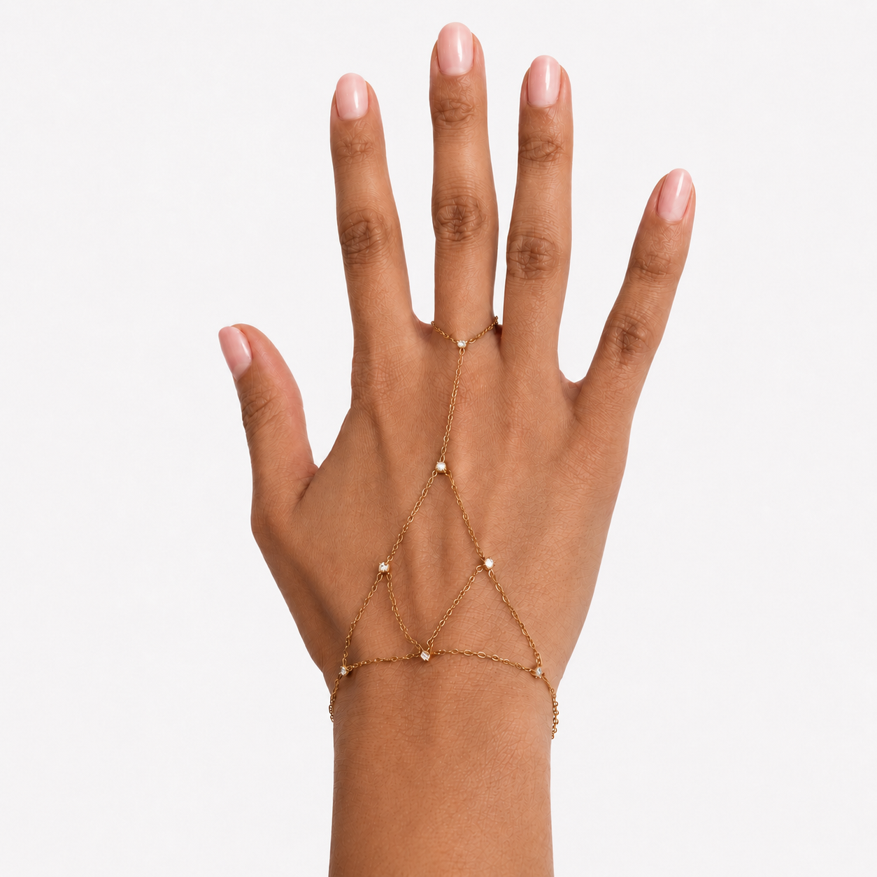 Crystal Lattice Gold Hand Chain with crystal accents and geometric chain design on a white background