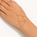 Crystal Lattice Gold Hand Chain worn on hand with a delicate lattice bracelet-ring silhouette