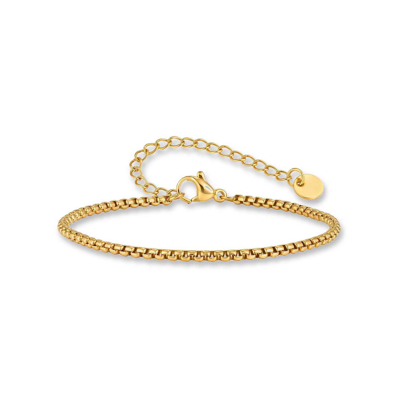 Dainty Box Chain Bracelet – 18K gold plated stainless steel, on a white background