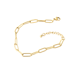 Dainty Clip Bracelet in 18K gold plated stainless steel featuring elongated rectangular paperclip-style links and adjustable chain