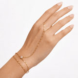 Duo Radiance Hand Chain worn on hand in 18K gold plated stainless steel with double layered chain and round crystal detail.