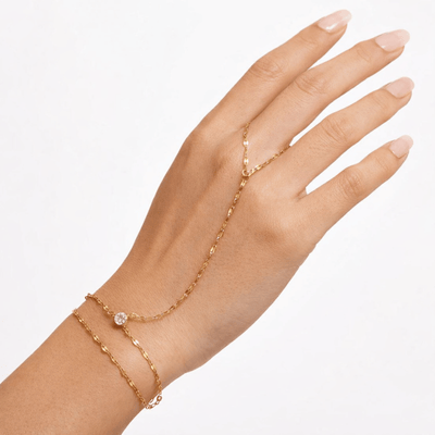 Duo Radiance Hand Chain worn on hand in 18K gold plated stainless steel with double layered chain and round crystal detail.