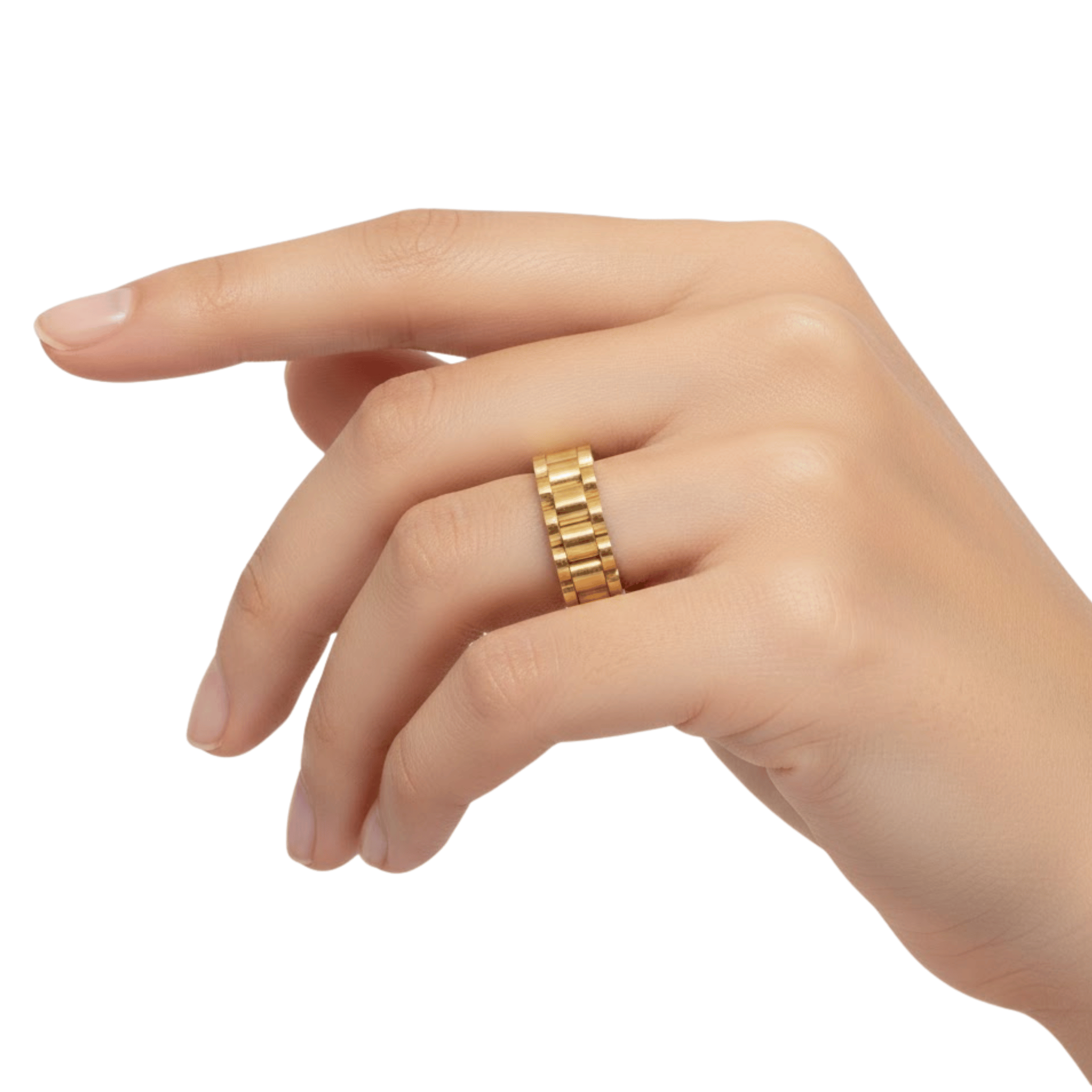 Empire Chain Band worn on hand in 18K gold plated stainless steel showcasing structured chain-inspired ring design