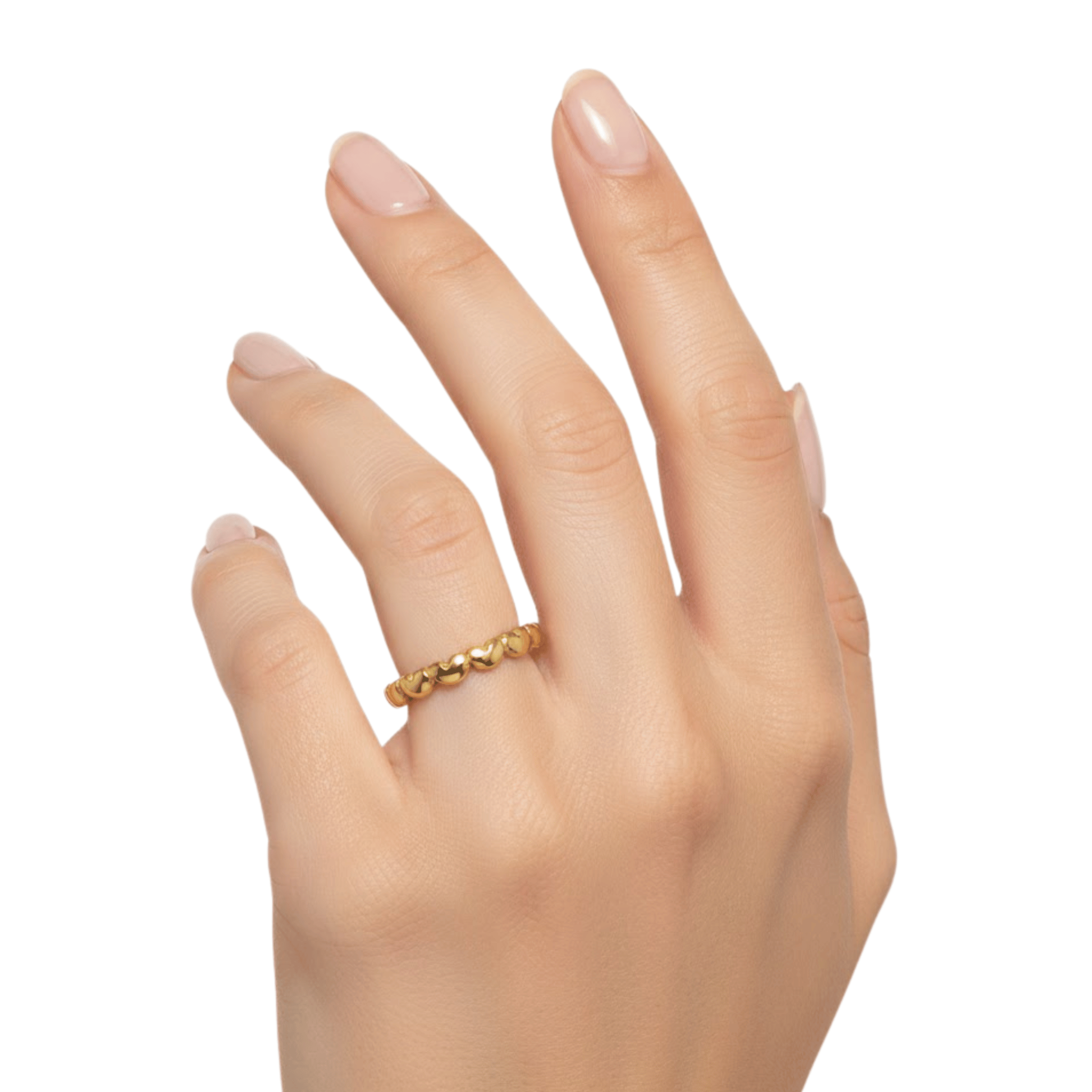 Everlove Band dainty gold heart ring worn on finger, featuring repeating polished heart shapes in 18K gold plated stainless steel.