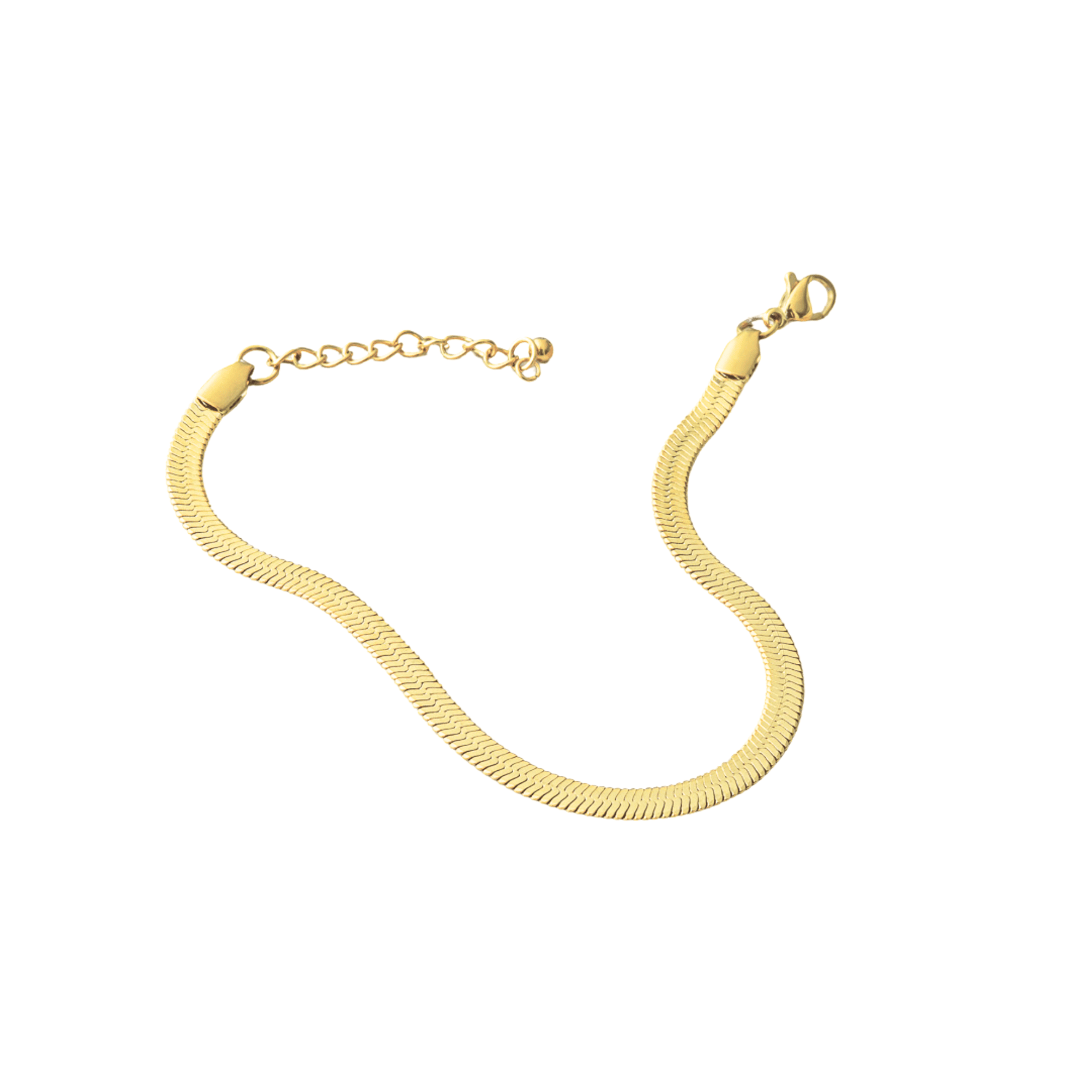 Flat Herringbone Bracelet in 18K gold plated stainless steel featuring wide smooth polished chain and adjustable extension