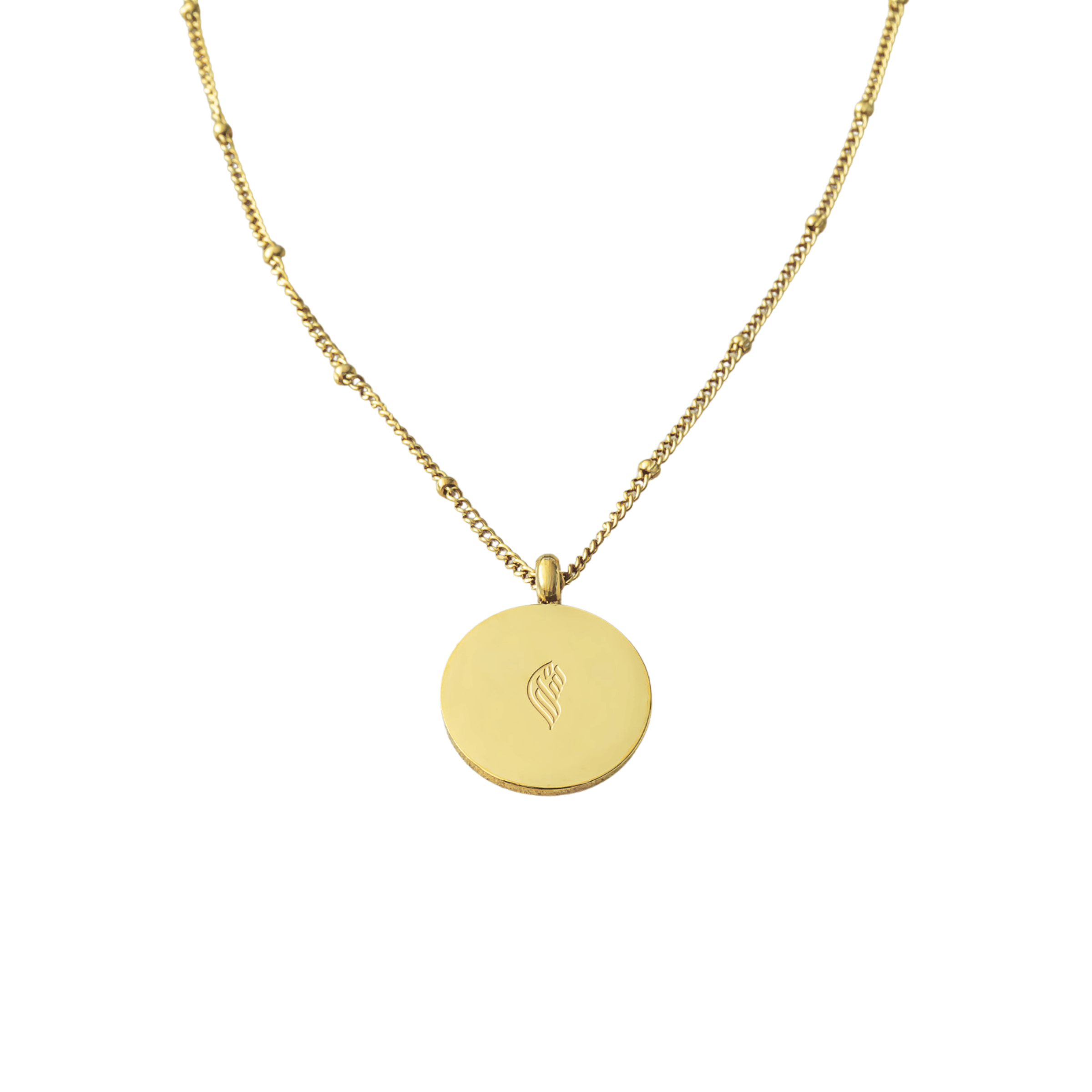 Back view of gold Guide Us to the Straight Path Necklace with smooth circular pendant and engraved logo, shown on a clean white background.