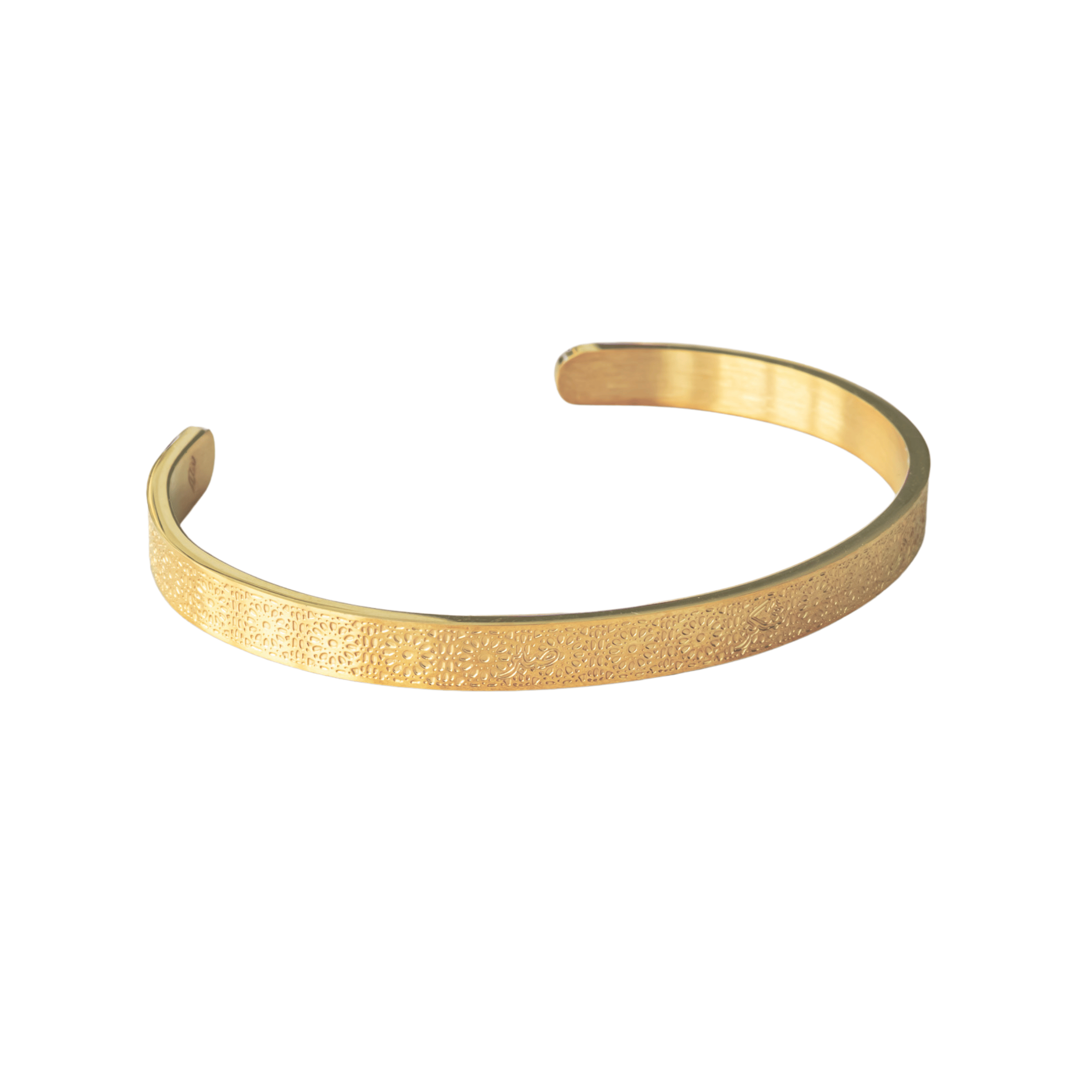 Gold Hidden Reminder Cuff bracelet with open adjustable fit, featuring discreet Islamic engraving and a smooth polished finish.