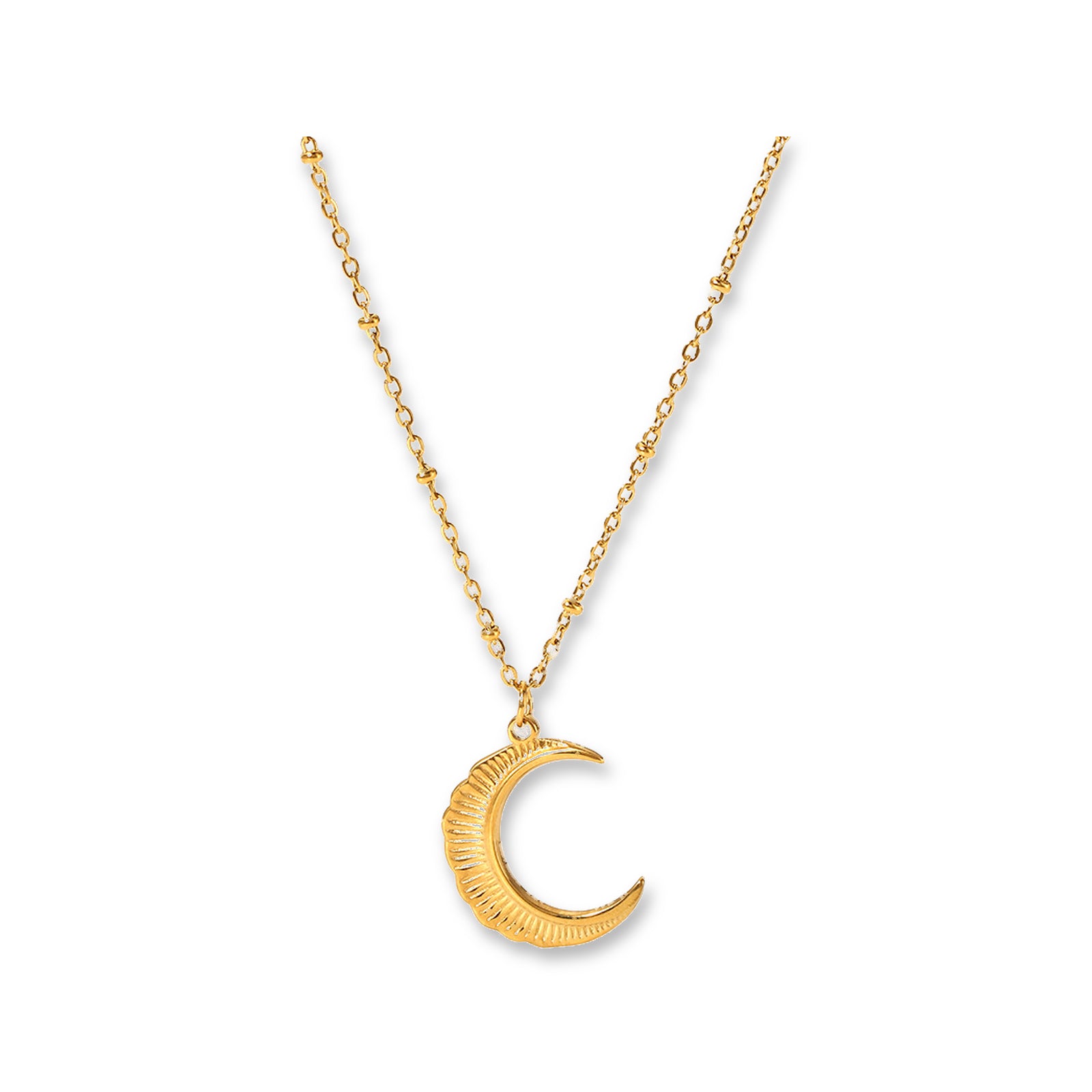 Hilal Crescent Necklace – 18K gold plated stainless steel, on a white background