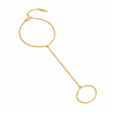 Infinity Link Hand Chain in 18K gold plated stainless steel featuring elongated linked design with adjustable clasp