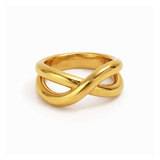 Infinity Ring in 18K gold plated stainless steel with sculpted infinity silhouette and high polish finish on white background