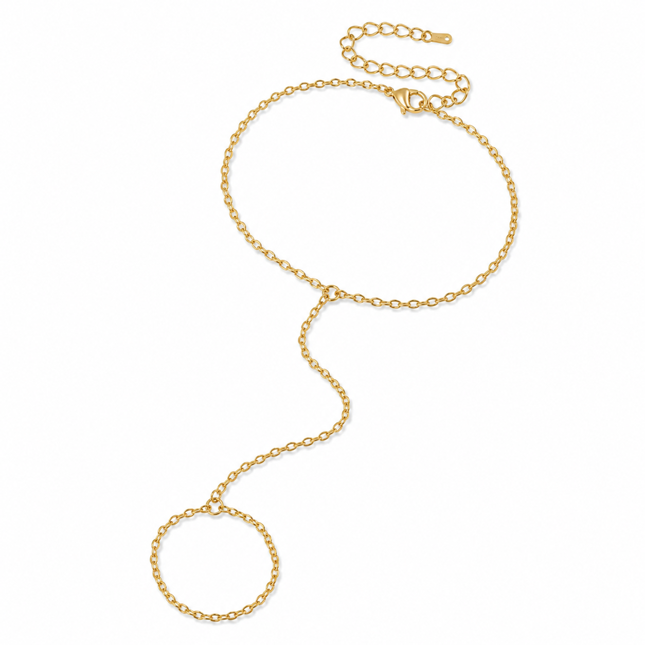 Minimal Classic Gold Hand Chain with a delicate bracelet-to-ring chain design on a white background