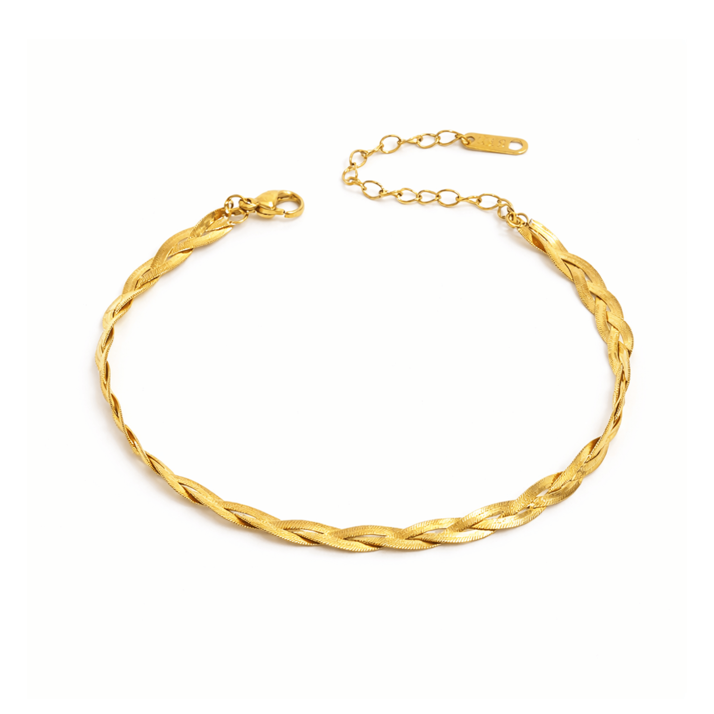The Nova Bracelet features an intricate braided design crafted from 18K gold plated stainless steel. Waterproof, tarnish-resistant, and adjustable from 6 to 8 inches, designed for everyday wear by Salaam Gallery.