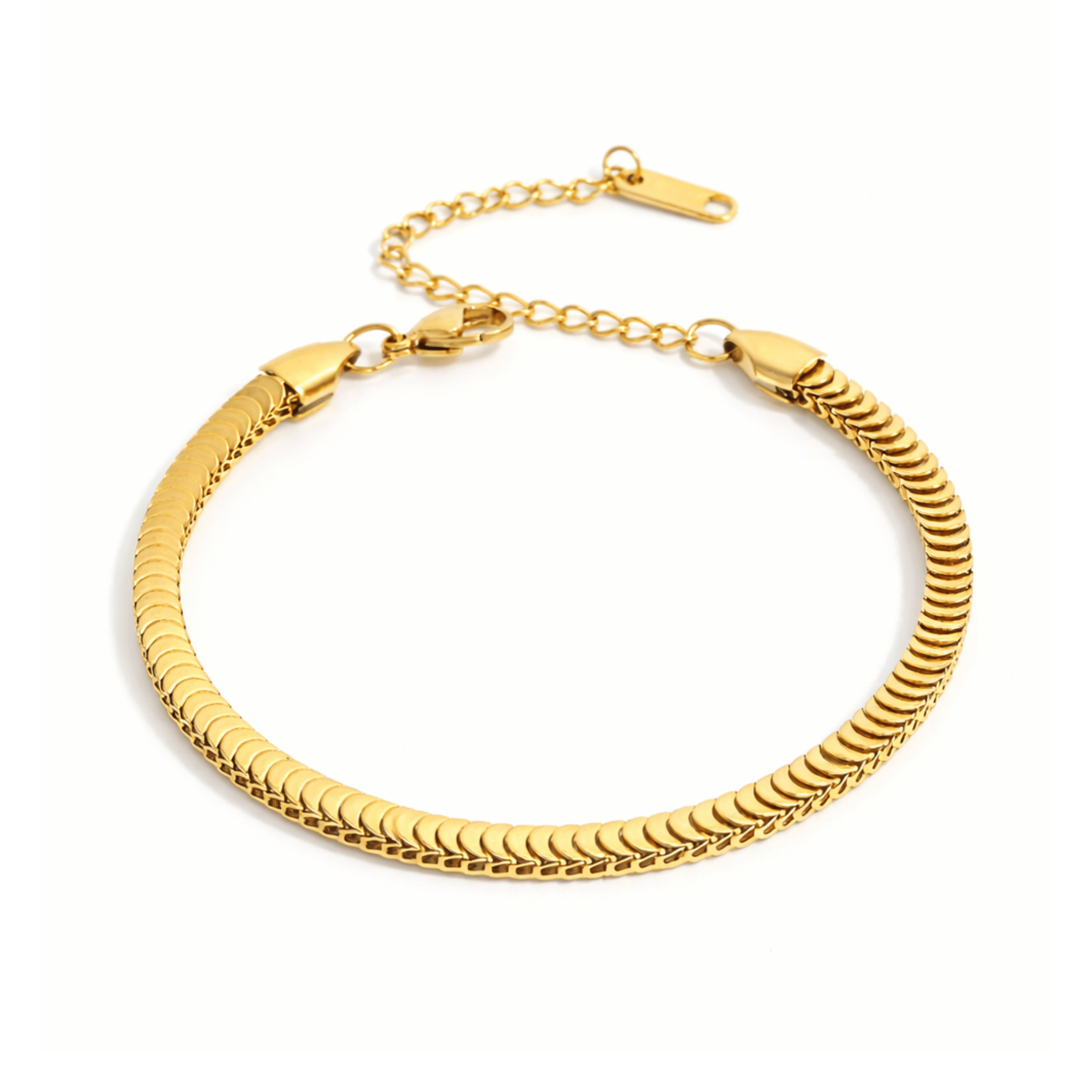 Radiant Link gold bracelet in 18K gold plated stainless steel with adjustable chain clasp on white background