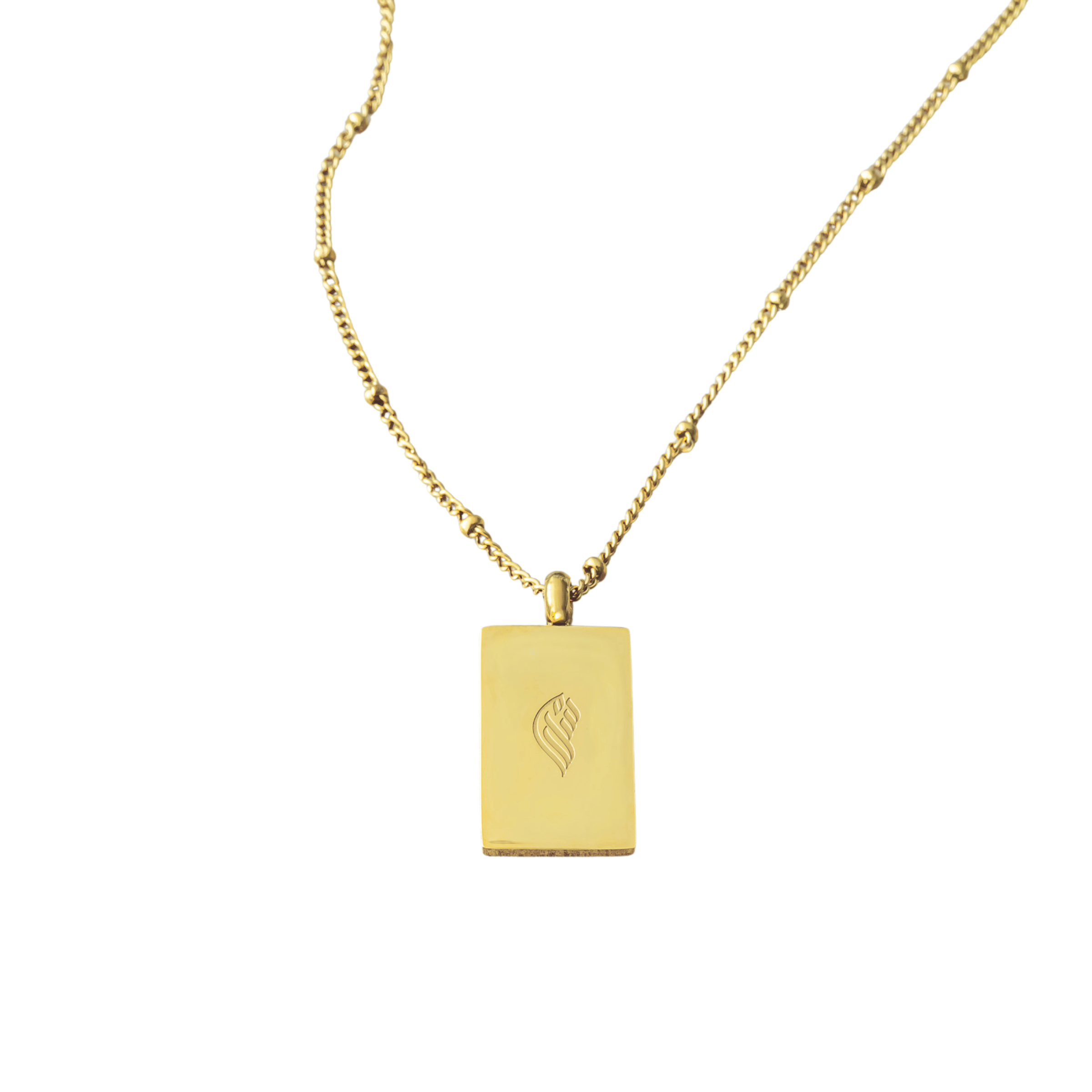 Back view of gold Remember Me Necklace with smooth rectangular pillar pendant and engraved Salaam Gallery logo, photographed on a white background.