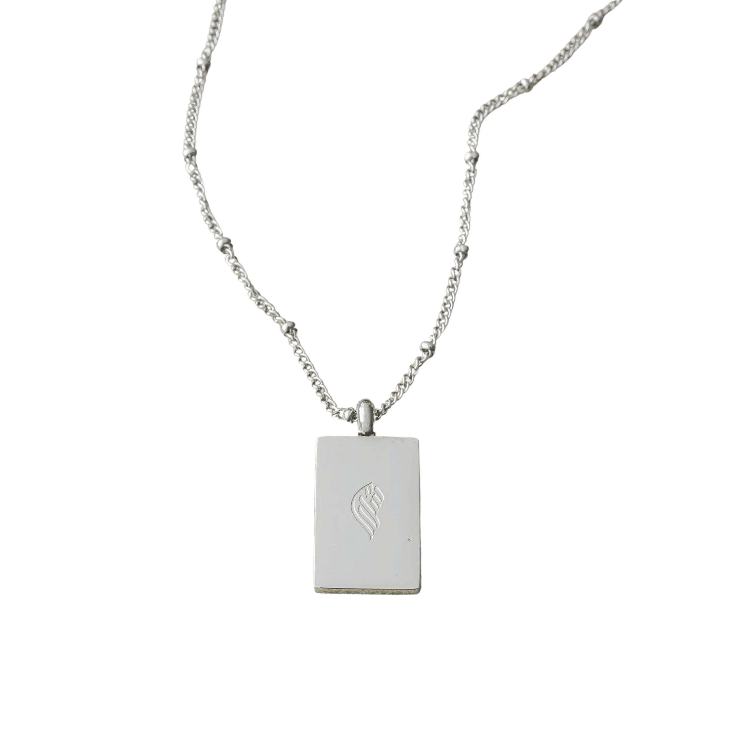 Back view of silver Remember Me Necklace with minimalist rectangular pillar pendant and engraved logo, displayed on a clean white background.