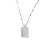 Remember Me Necklace in silver featuring Arabic Quran verse meaning “Remember Me; I will remember you” engraved on a rectangular pillar pendant, shown on a white background.