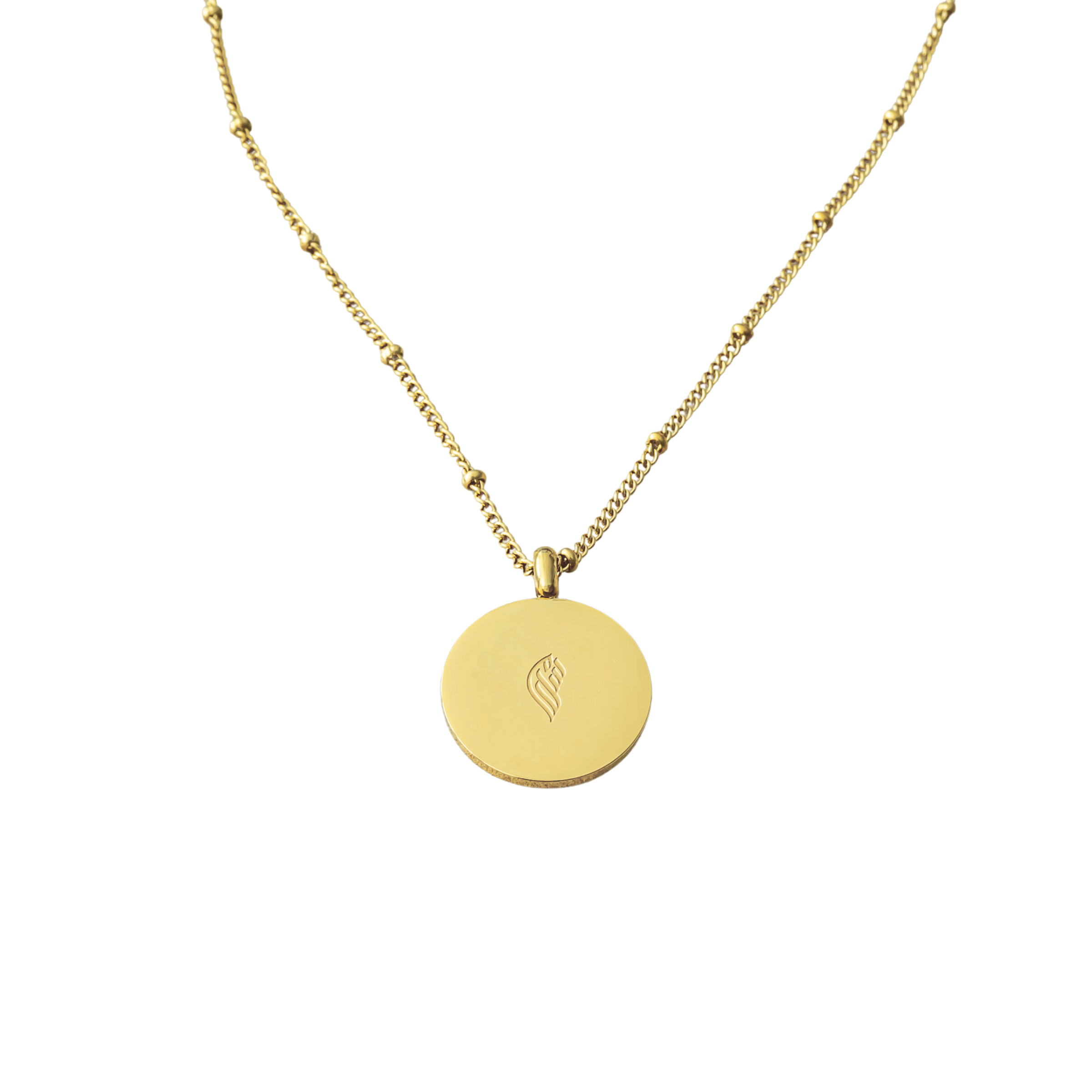 Back view of gold Sabr, Shukr & Tawakkul Coin Necklace with smooth circular pendant and engraved Salaam Gallery logo, photographed on a white background.