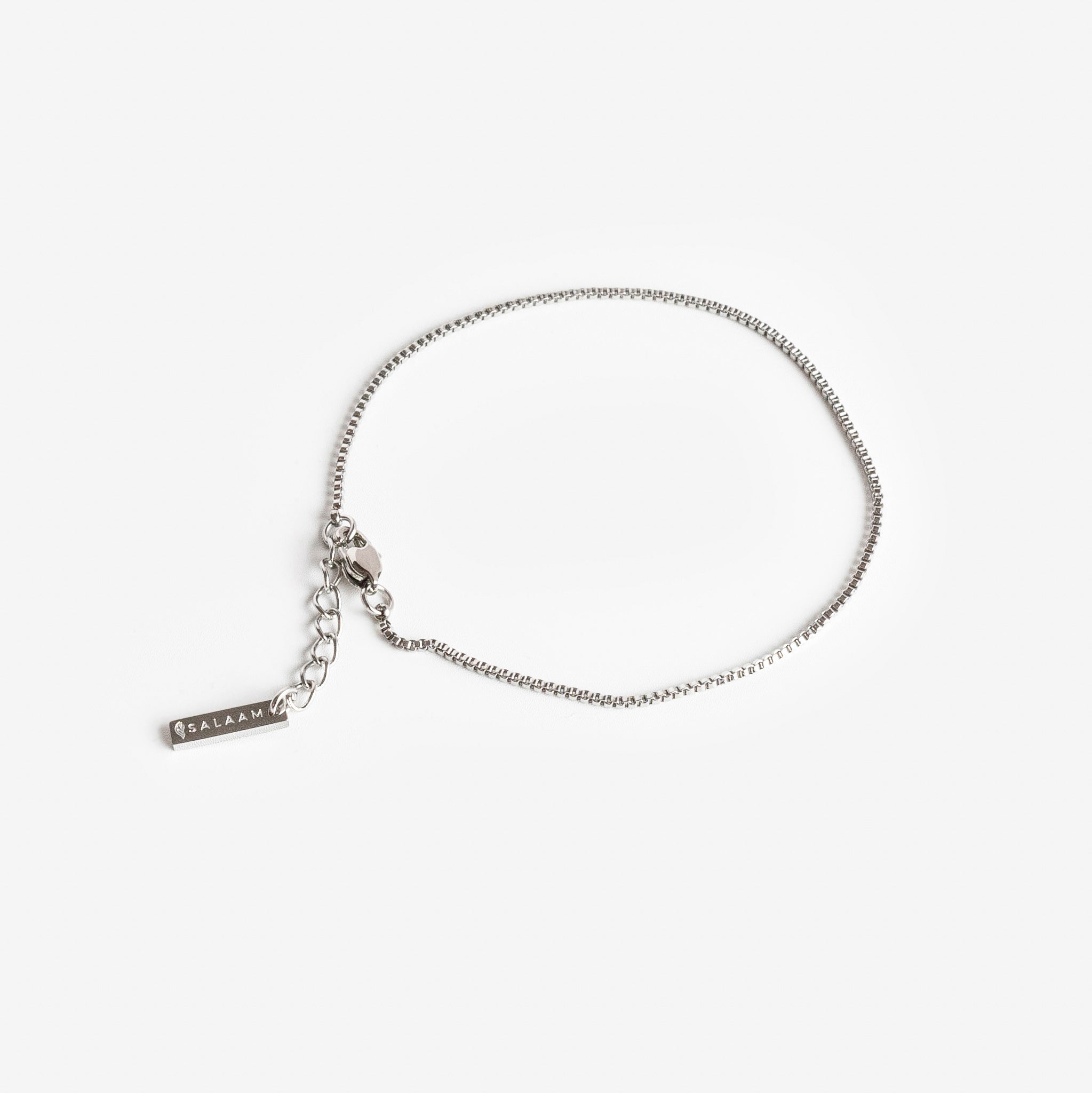 silver stainless steel minimal box chain bracelet by Salaam Gallery, elegant and affordable jewelry		