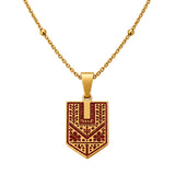 Tatreez Necklace shield pendant with red enamel Palestinian embroidery motif – 18K Gold Plated, close-up