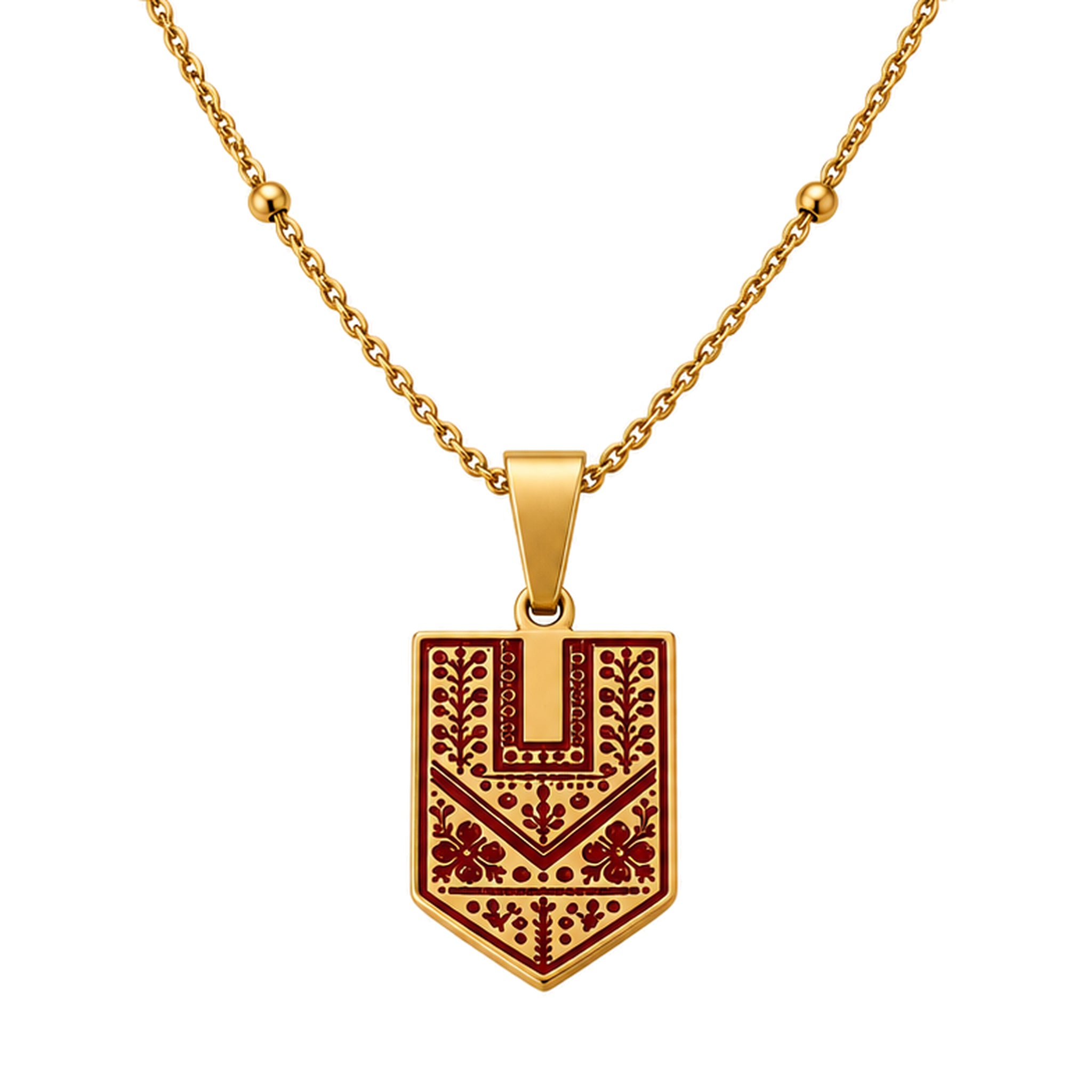 Tatreez Necklace shield pendant with red enamel Palestinian embroidery motif – 18K Gold Plated, close-up