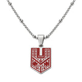 Tatreez Necklace shield pendant with red enamel Palestinian embroidery motif – Silver, close-up