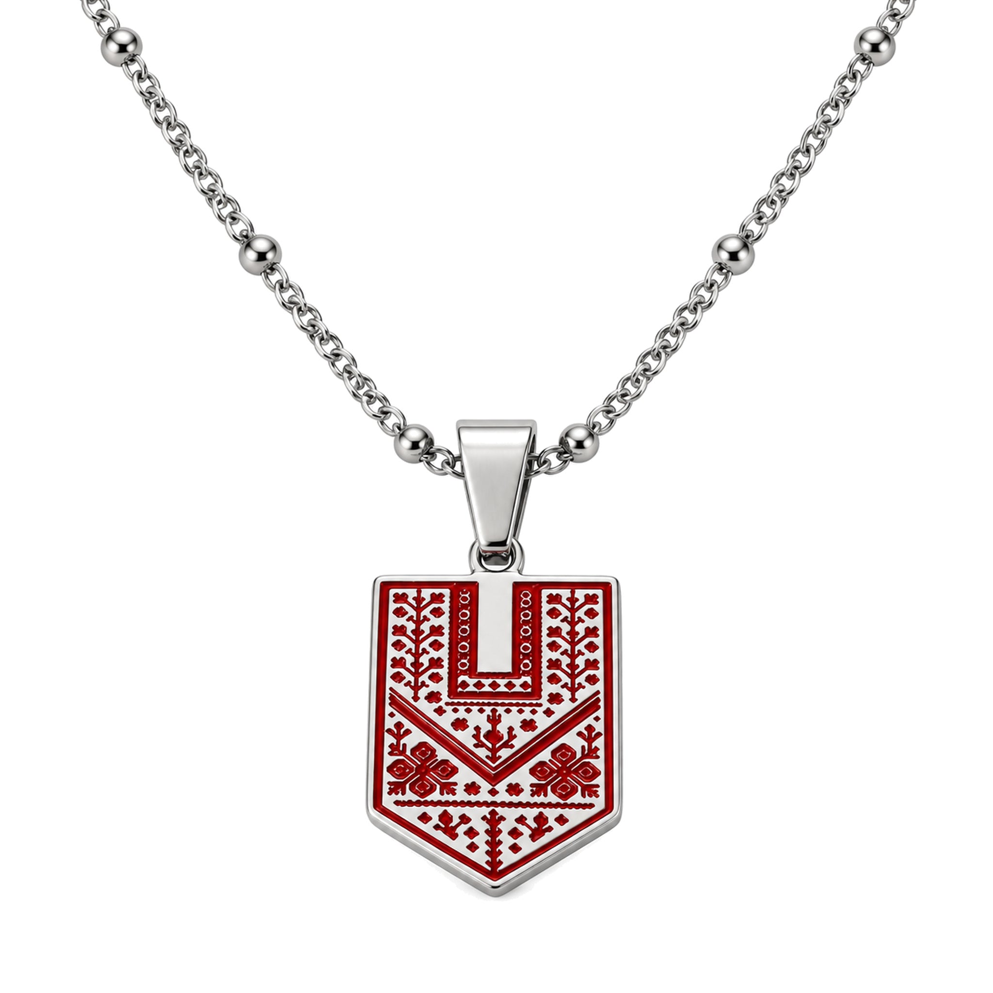 Tatreez Necklace shield pendant with red enamel Palestinian embroidery motif – Silver, close-up