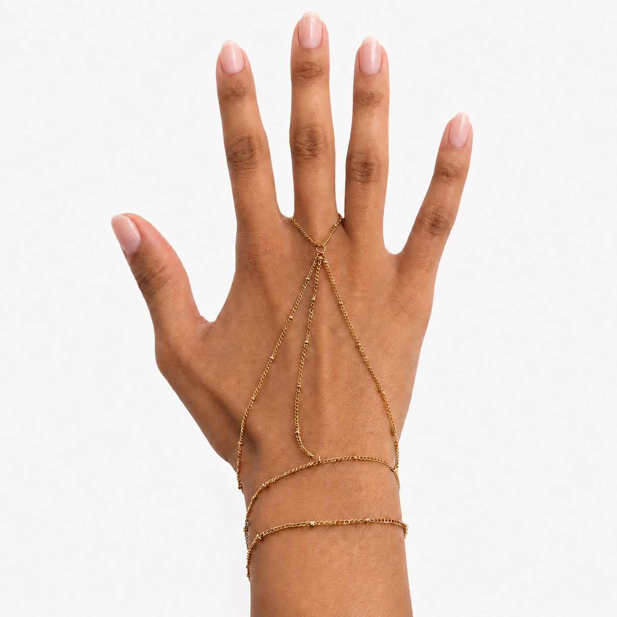 Triple Dotted Gold Hand Chain worn on hand with a layered bracelet-ring silhouette and delicate dotted chains