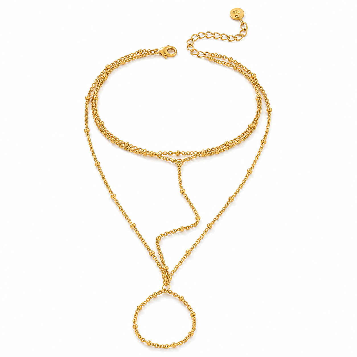 Triple Dotted Gold Hand Chain with layered chains and dotted bead details on a white background