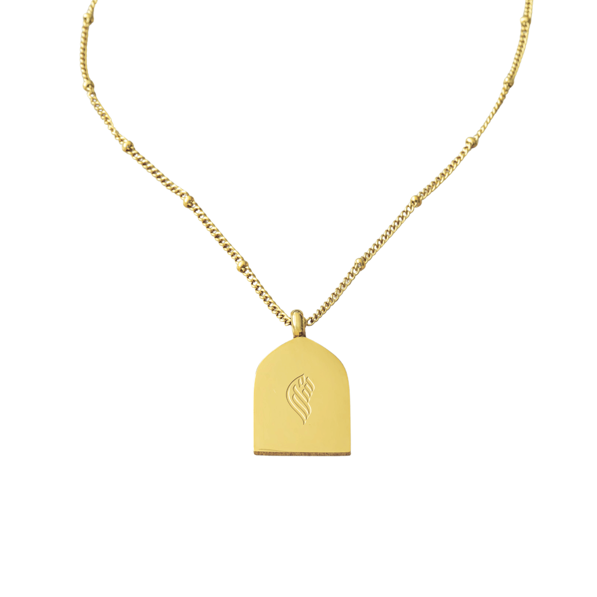 Back view of gold Ud‘ooni Necklace with smooth arch-shaped pendant and subtle engraved logo, shown on a white background.