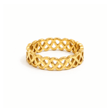 Woven Love Ring gold infinity heart band in 18K gold plated stainless steel on white background